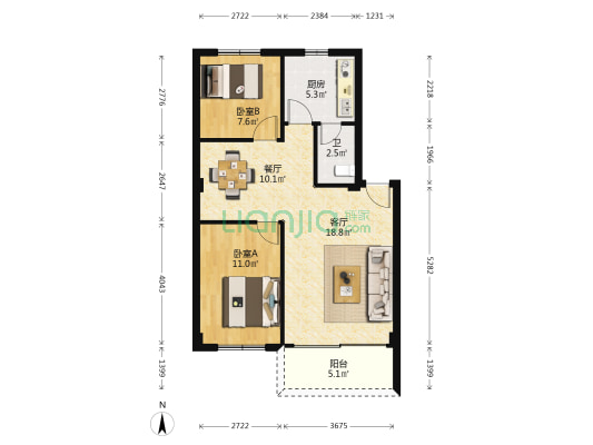 清华居 2室2厅1卫 72平方