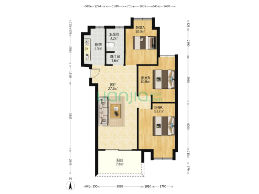 汉津阳光城 3室1厅2卫 104平方