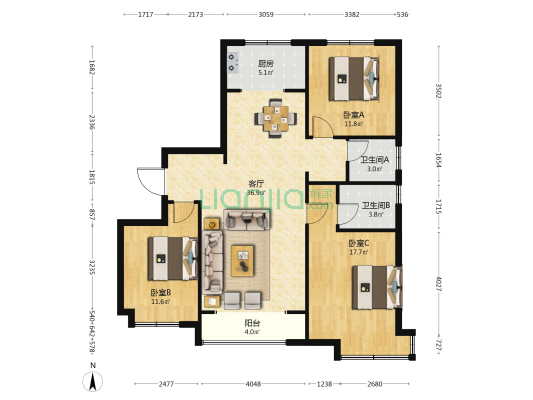 荣盛君兰苑 3室1厅2卫 134平方