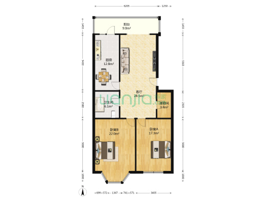 建国城市花园 2室1厅1卫 126平方