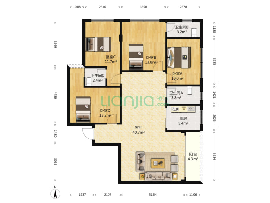 通园中路 4室1厅3卫 136平方