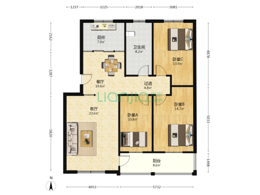 云水居 3室2厅1卫 124平方