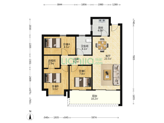 港湘铂玥 3室1厅1卫 95平方