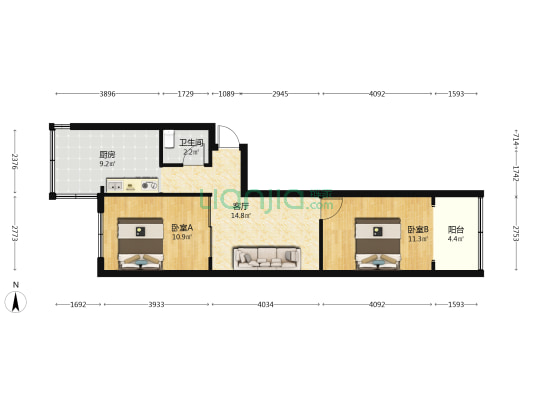 陵西南大街71号院 2室1厅1卫 68平方