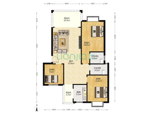 阳光现代城 3室1厅2卫 115平方