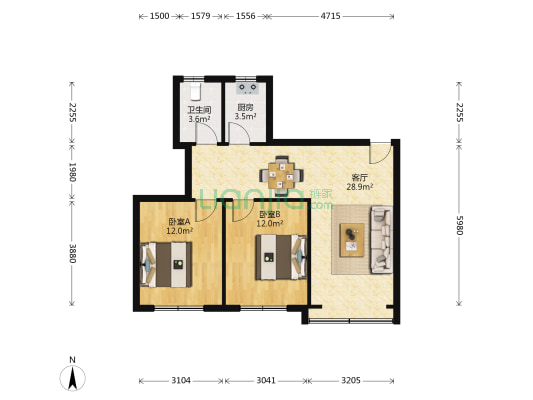 杨柳河76号附6号 2室1厅1卫 75平方