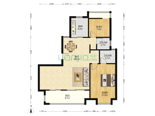 锦绣龙川府御林府 2室1厅2卫 117平方