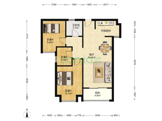 绿地香树花城C区 3室1厅1卫 93平方