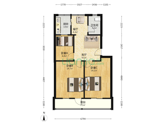 学山路19号院 3室2厅1卫 75平方