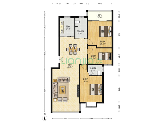 紫薇嘉园 3室1厅2卫 128平方