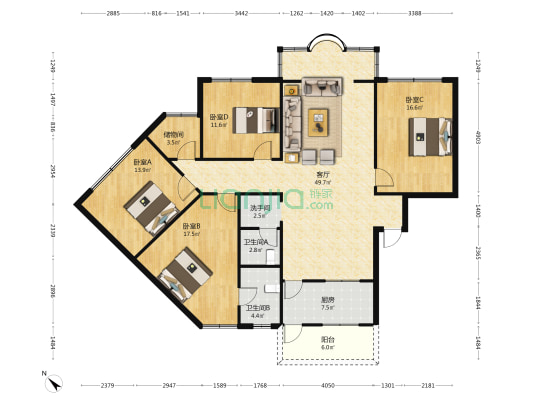 建设公寓 4室1厅3卫 159平方