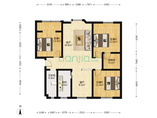安居苑 3室2厅1卫 106平方