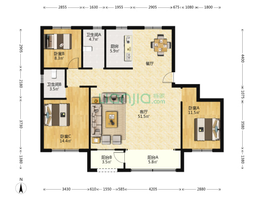 玉清铭苑 3室1厅2卫 159平方