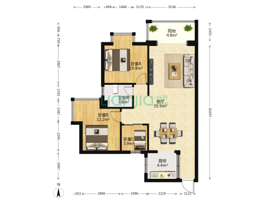 香榭花园 3室1厅1卫 90平方