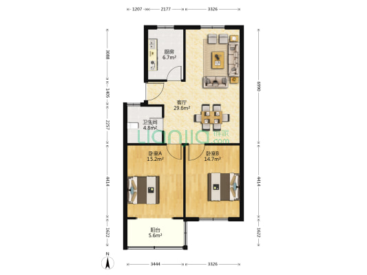东方花园(昆山市) 2室1厅1卫 89平方