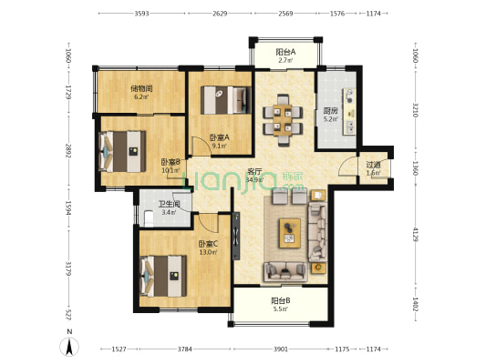 梦湖小区 3室1厅1卫 114平方