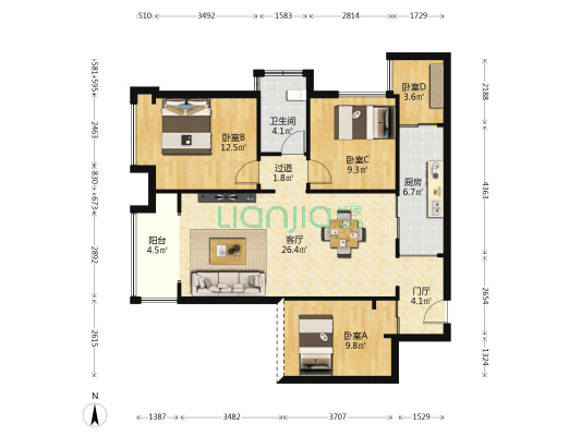 康德天子湖 4室1厅1卫 86平方