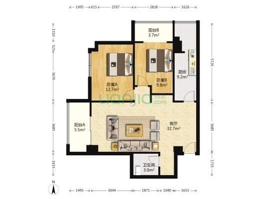 御溪书院 2室1厅1卫 89平方
