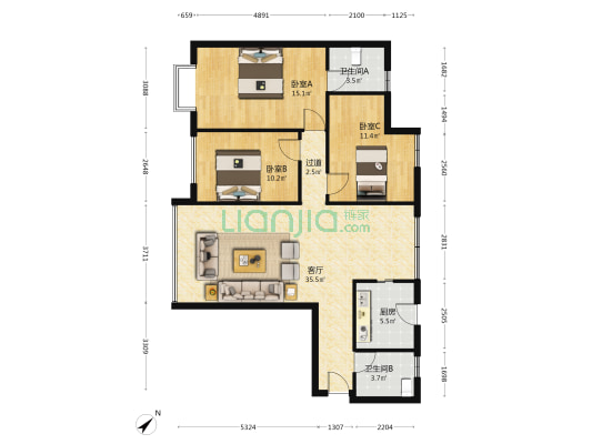 三院集资房 3室1厅2卫 117平方