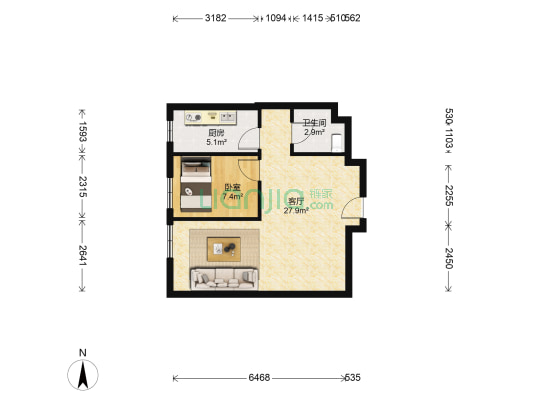 金沙巴黎花园 1室1厅1卫 64平方