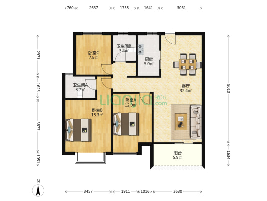 新力城二期 3室1厅2卫 108平方