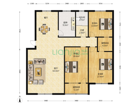 长和花园小区 3室1厅1卫 162平方