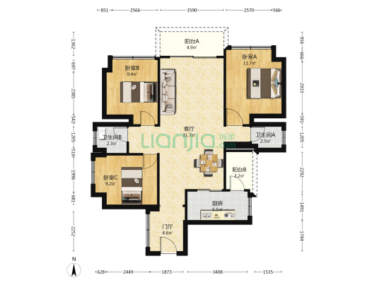 嘉宝新园 3室1厅2卫 102平方