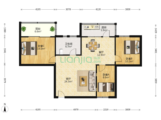 岳洲路 3室2厅1卫 94平方