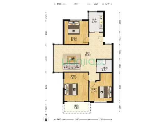 中园大厦 3室1厅1卫 105平方