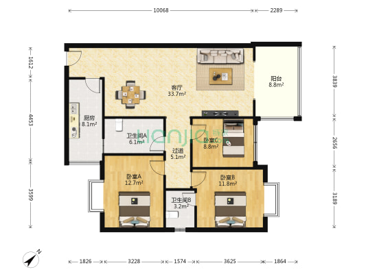 精华逸景阳光家园 3室1厅2卫 108平方