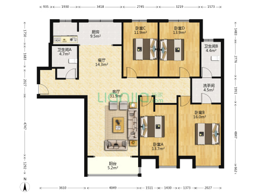 出售  金品时代南北通透四居双卫  毛坯 满二-户型图