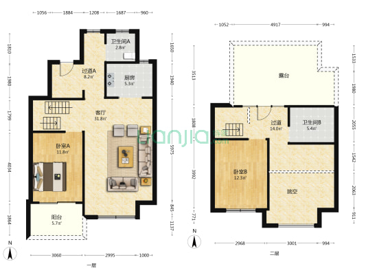 天房美瑜兰庭 2室1厅2卫 123平方