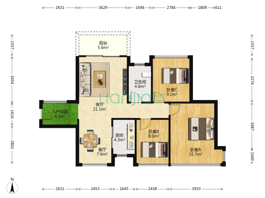 绿景后湾 3室2厅1卫 90平方