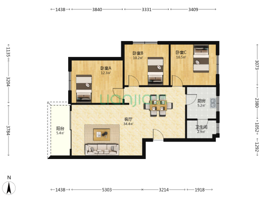 河南岸教师新村小区 3室1厅1卫 99平方
