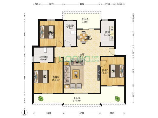 情景洋房 3室2厅2卫 130平方