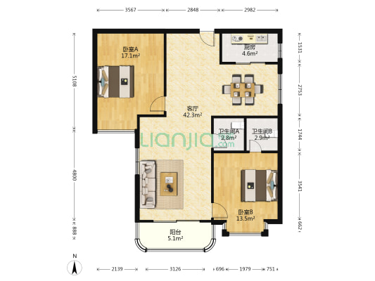 德盛海富华庭 2室1厅2卫 108平方