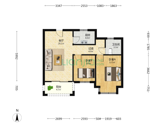 金晖嘉苑 2室1厅1卫 77平方