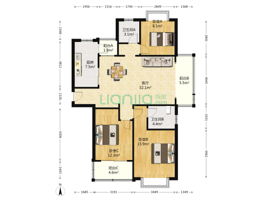 上铁银欣花园 3室1厅2卫 121平方