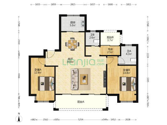 金厦阳光经典 3室1厅2卫 122平方