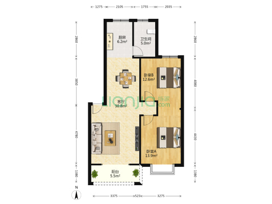 颐和一品尊府 2室1厅1卫 91平方