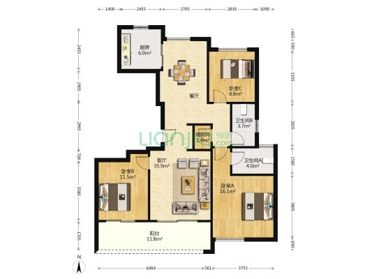 绿城诚园 3室1厅2卫 131平方