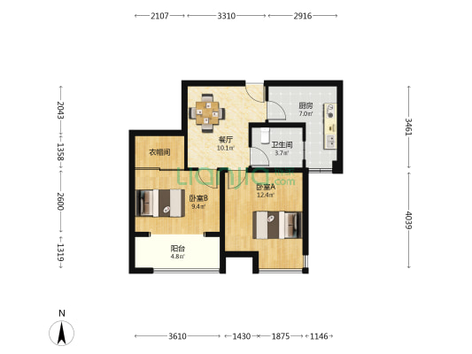 厚德苑A区 2室1厅1卫 68平方