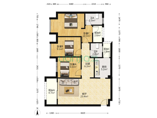 金科天宸六街区 3室1厅2卫 104平方