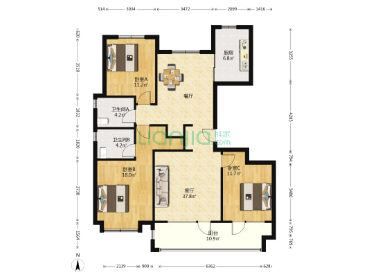 金茂悦北三区 3室1厅2卫 137平方