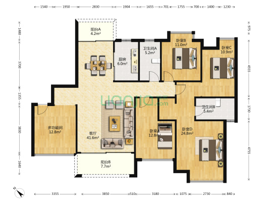 中航花园 5室1厅2卫 169平方