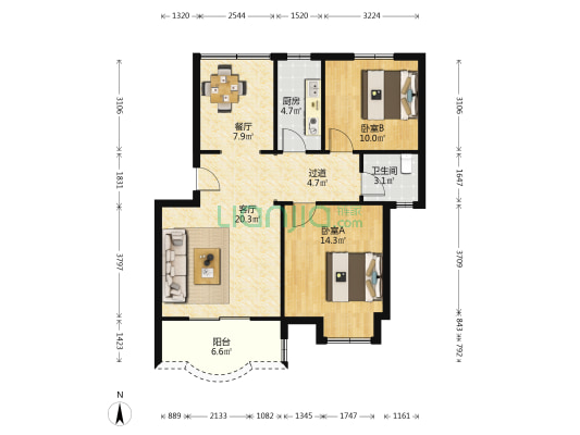 万家湖D区 2室2厅1卫 82平方