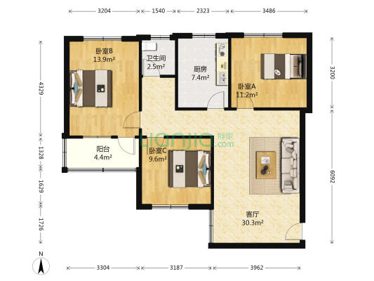未来路104号 3室1厅1卫 93平方