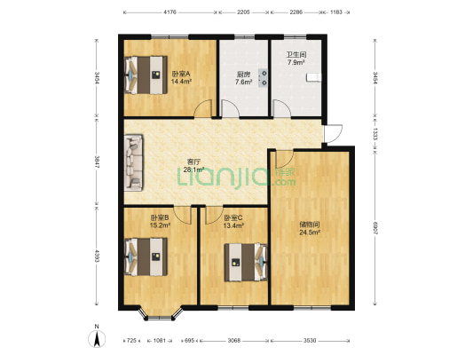瓜子湖公寓 3室1厅1卫 131平方