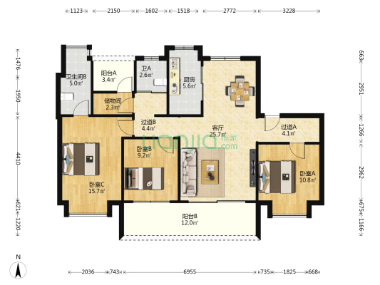 逸涛苑 3室1厅2卫 129平方