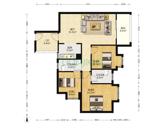 爱德华庭二期 3室1厅2卫 106平方